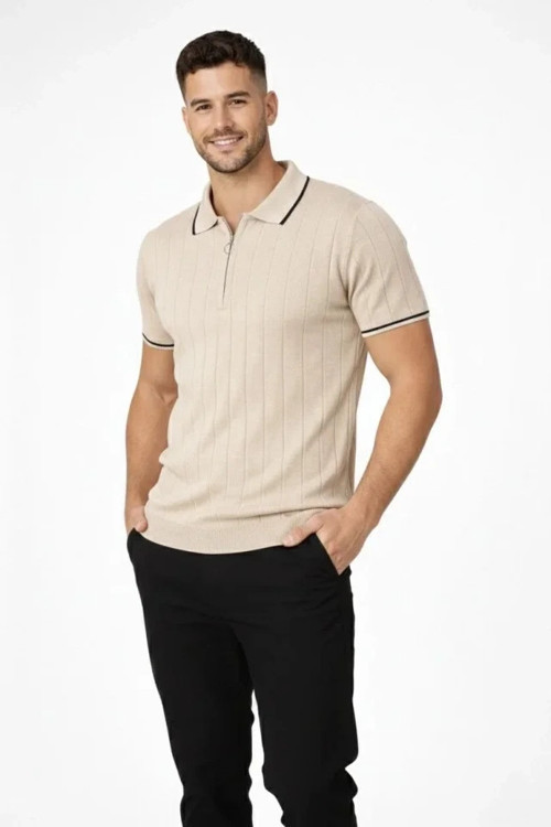 Erkek Fermuarlı Yaka Fitilli Triko Kısa Kollu Regular Fit Tişört Tshirt