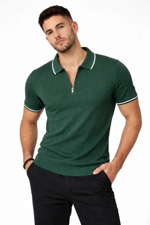 Erkek Fermuarlı Yaka Fitilli Triko Kısa Kollu Regular Fit Tişört Tshirt
