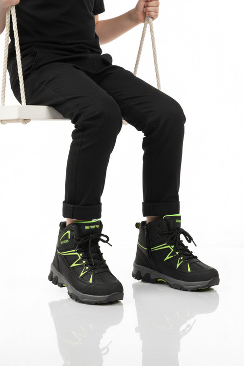 Siyah Yeşil Polarlı Kaymaz Unisex Çocuk Outdoor Bot 2301 F