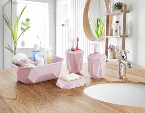 Geometrik Tasarımlı 4’lü Banyo Seti Sabunluk Diş Fırçalık, Sıvı Sabunluk Sepetlik