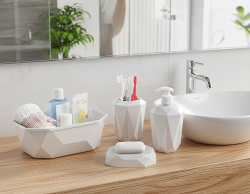 Geometrik Tasarımlı 4’lü Banyo Seti Sabunluk Diş Fırçalık, Sıvı Sabunluk Sepetlik