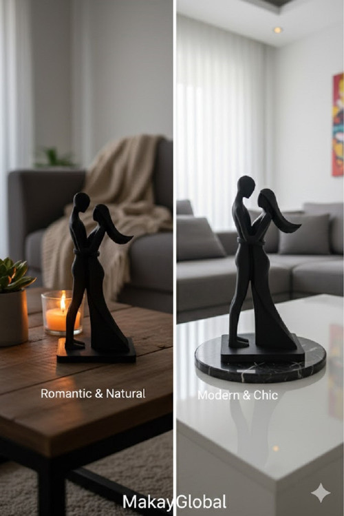 Minimalist Romantik Aşıklar Biblo - Modern Dekoratif Çift Heykeli - Siyah(15cm)