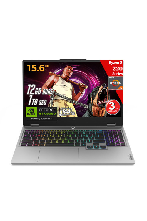 LOQ 15AHP10 AI AMD Ryzen5 220 12GB 1TB RTX5050 15.6 IPS 144HzFHD FreeDos 83JG006BTR Gaming Laptop