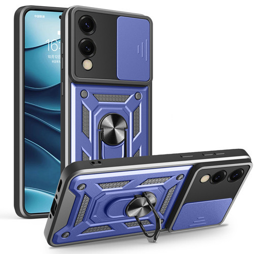 Galaxy S25 Edge Kılıf Magnetik Standlı Kamera Korumalı MKST Sürgülü Vega Kapak - Mavi
