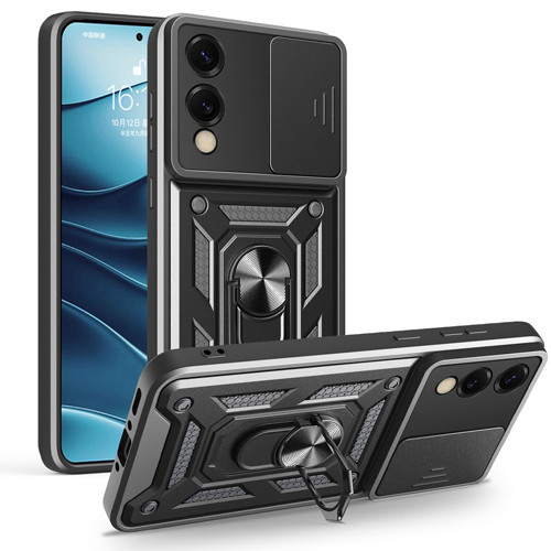 Galaxy S25 Edge Kılıf Magnetik Standlı Kamera Korumalı MKST Sürgülü Vega Kapak - Siyah