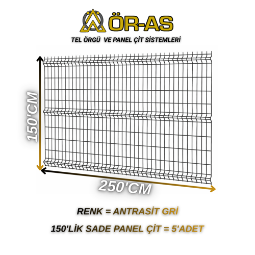Ör - As Tel Örgü Antrastik Gri Bahçe Teli Panel Çit 150 cm x 250 cm 5 - Adet