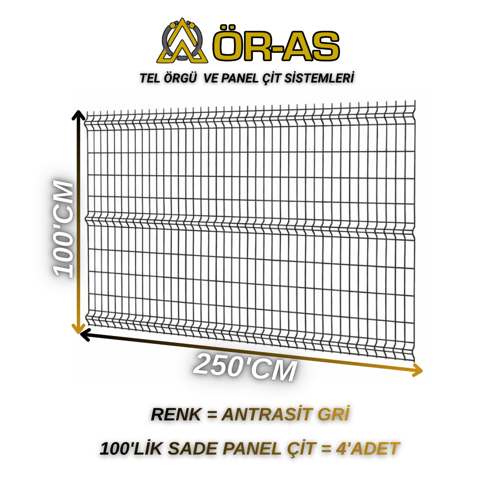 Ör - As Tel Örgü Antrastik Gri Bahçe Teli Panel Çit 100 cm x 250 cm 4 - Adet