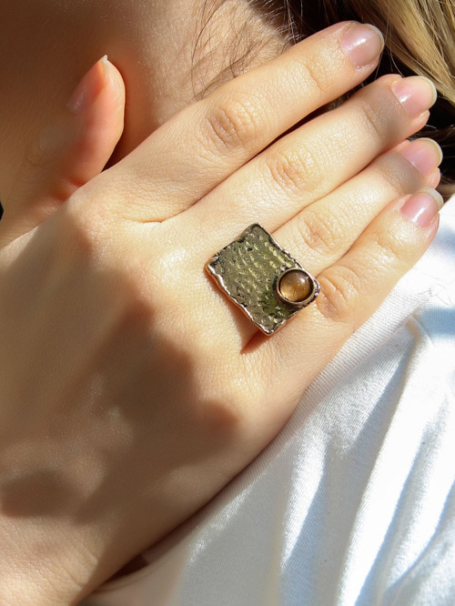 Doğal Taş Sitrin Doğal Taşlı Dikdörtgen Model Ayarlanabilir Antik Kadın Yüzük euy67s