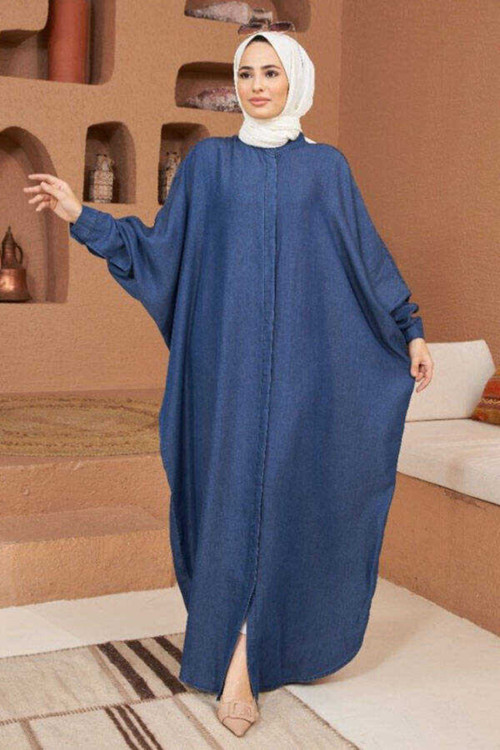 6571-denim Abaya Koyu Mavi