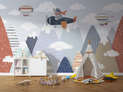 Yumuşak Mavi Renk Dağ ve Uçan Ayı Duvar Kağıdı, Macera Temalı Duvar Resmi - Çocuk Odası ve Bebek Odası