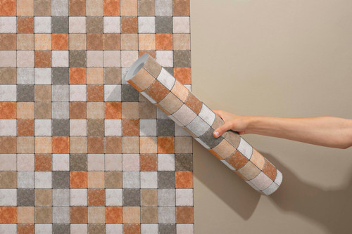 Turuncu ve Gri Mozaik Karo Desenli Kendinden Yapışkanlı Duvar Kağıdı - Mutfak ve Banyo