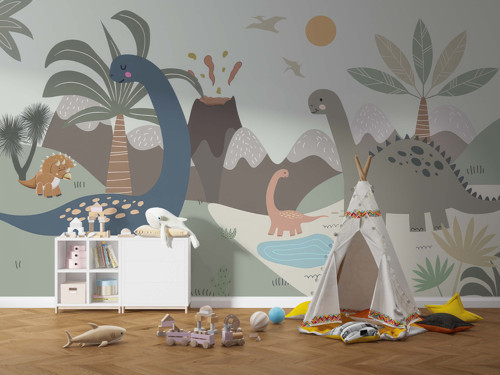 Dinozor Duvar Kağıdı, Pastel Renkli Çizgi Film Temalı Duvar Resmi - Çocuk Odası ve Bebek Odası