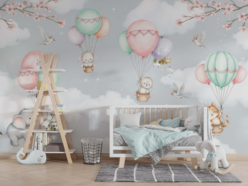 Uçan Hayvanlar ve Balonlar Duvar Kağıdı, Macera Temalı Duvar Resmi - Çocuk Odası ve Bebek Odası