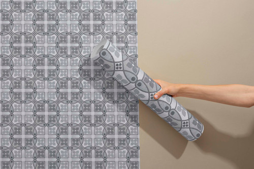 Geometrik Gri Daire Desenli Kendinden Yapışkanlı Duvar Kağıdı - Mutfak ve Banyo