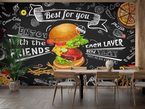 Fast Food, Pizza, Burger ve Yazılı Kafe Duvar Kağıdı