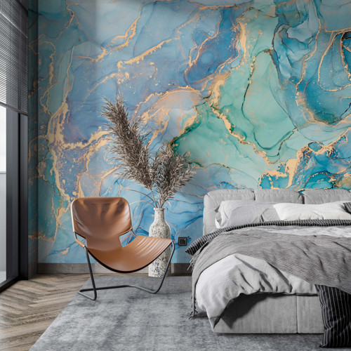 Sarı Damarlı, Turkuaz ve Mavi Mermer Desenli Duvar Kağıdı - Salon ve Mutfak