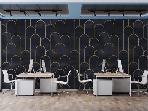 Lacivert Üzerinde Altın Yaylı Çizgili Geometrik Duvar Kağıdı - Salon ve Oturma Odası