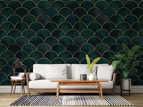 Koyu Yeşil Pul Desenli Geometrik Duvar Kağıdı - Salon ve Oturma Odası
