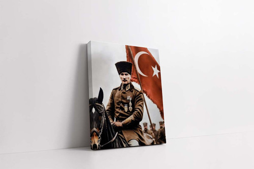 At Üstünde Atatürk ve Türk Bayrağı Kanvas Tablo
