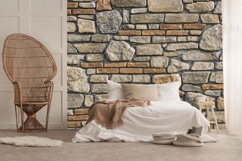 Turuncu ve Gri Doğal Taş Desenli Duvar Kağıdı - Salon ve Oturma Odası