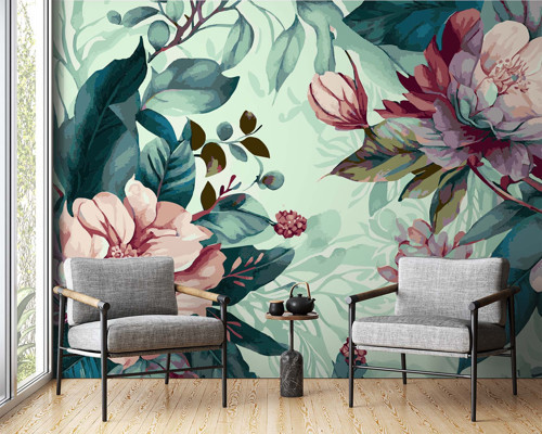 Yeşil Zemin, Pembe Şakayık Çiçekli Duvar Kağıdı, Botanik Çiçek Duvar Resmi - Oturma Odası ve Yatak Odası