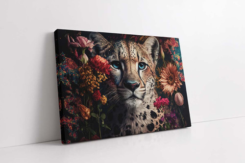 Renkli Çiçekler Arasında Çita Kanvas Tablo