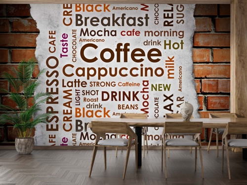 Kahve Çeşitleri Yazılı, Tuğla Desenli Kafe Duvar Kağıdı