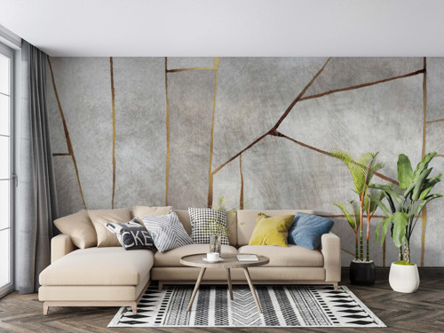 Gri Taş Desenli Altın Çizgili Geometrik Duvar Kağıdı - Salon ve Oturma Odası