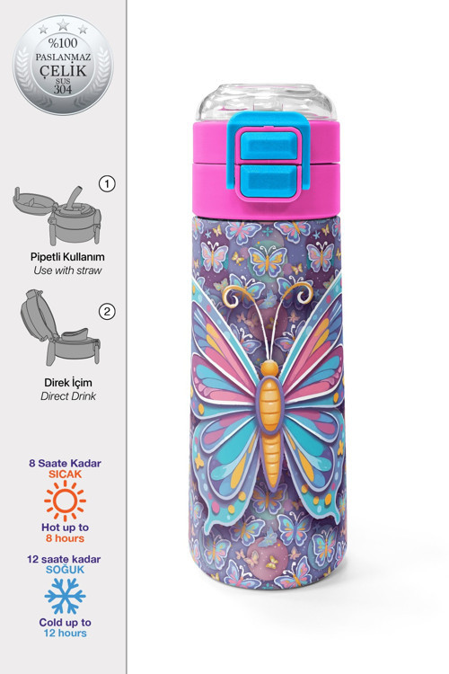 Kids Pastel Renkli Kelebek Desenli Pipetli ve Direkt İçim Çelik Termos 500 ml 38106
