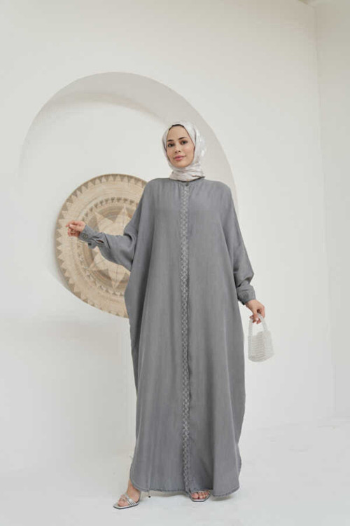 6571-Taşlı Abaya Gri