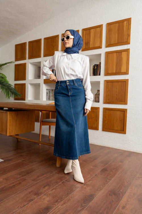 2254-Denim Klasik Etek Koyu Mavi