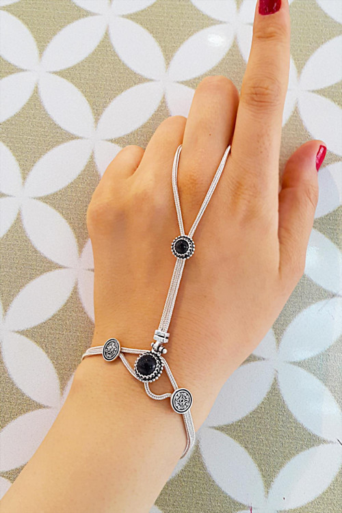 Kadın Oniks Taşlı Midyat Hasırı 925 Ayar Gümüş Şahmeran ELD-09