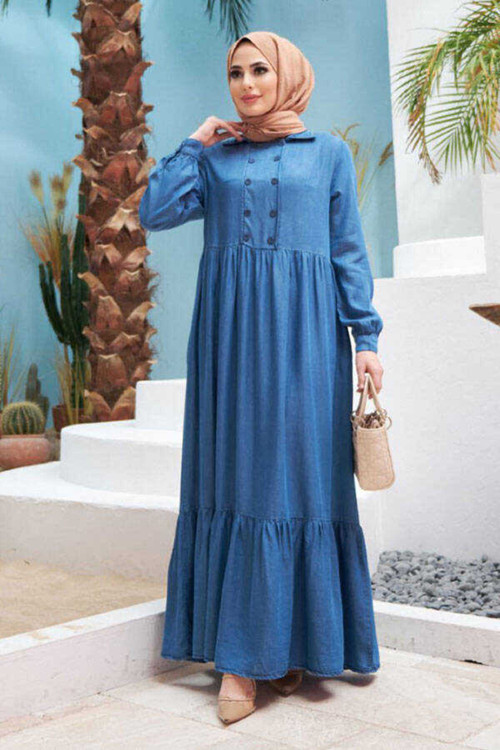 6593- Denim Elbise Koyu Mavi
