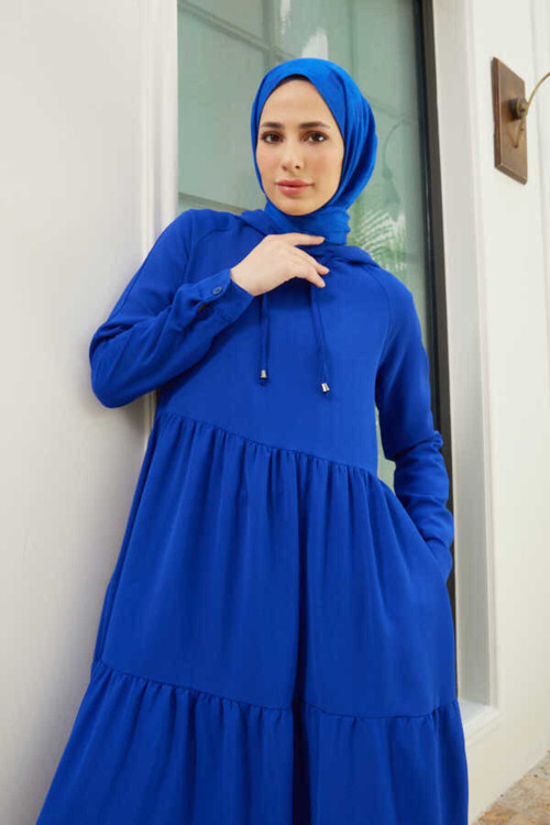 6531-berlin Kapşonlu Reglan Kollu Elbise Saks Mavisi