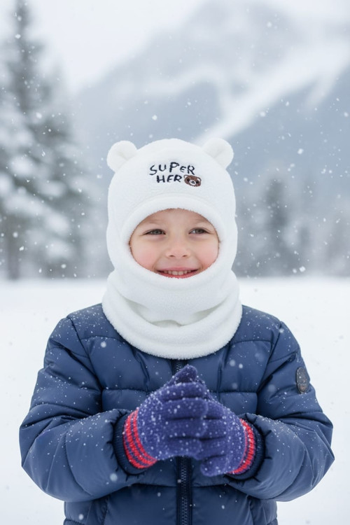 Peluş Çocuk Sevimli Ayıcık Kar Maskesi Sürper Hero 3-9 Yaş Çocuk Bere Beyaz