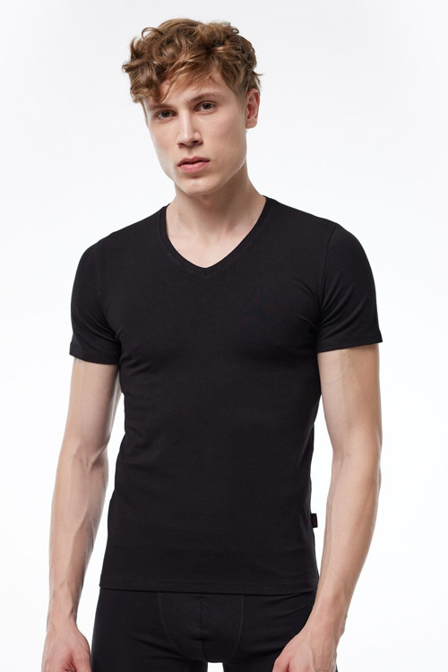 Erkek Siyah V Yaka Kısa Kollu Modal T-Shirt Body 032