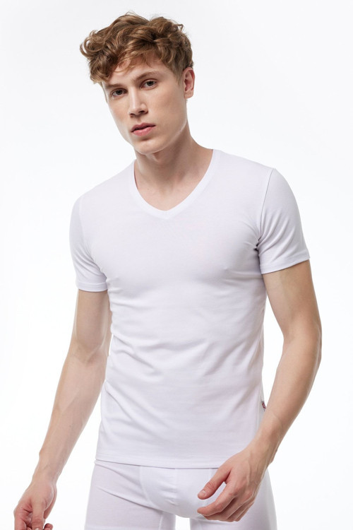 Erkek Beyaz V Yaka Kısa Kol Modal Body 032