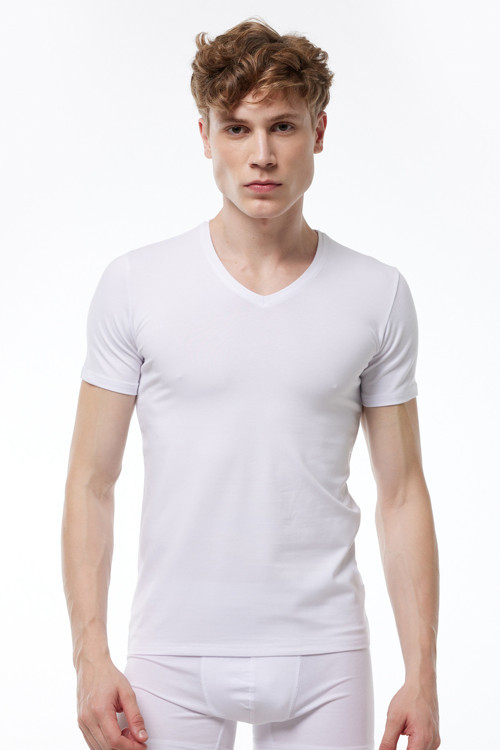 Erkek Beyaz 2 Li V Yaka Kısa Kollu Pamuk Elastan Fanila T-Shirt 092