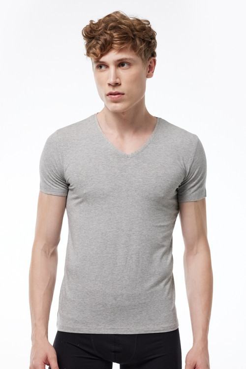 Erkek Gri 2 Li V Yaka Kısa Kollu Pamuk Elastan Fanila T-Shirt 092