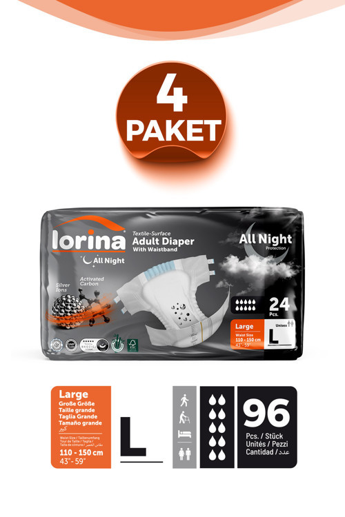 Aktif Karbonlu & Gümüş İyon destekli Bel Bantlı Hasta Bezi Large 24’lü 4 Paket