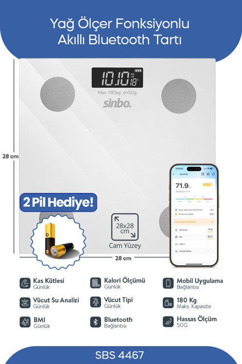 Sbs-4467 Bluetooth Dijital Yağ Su Kas Vücut Kitle Endeksi Kilo Ölçer Tartı Baskül - 28 Cm