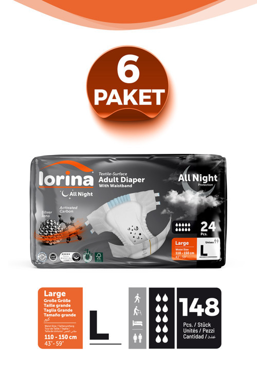 Aktif Karbonlu & Gümüş İyon destekli Bel Bantlı Hasta Bezi Large 24’lü 6 Paket