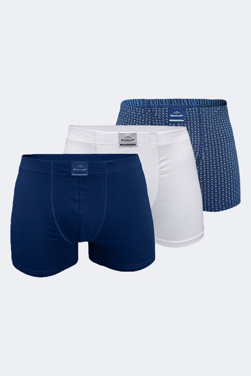 Erkek Desenli Beyaz Lacivert 3 Lü Pamuk Elastan Boxer 3M074