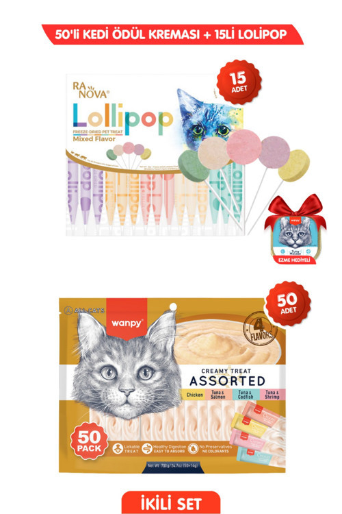 RNV-001/PIWP-111/40GR - 3LÜ Ödül Seti: 50 Adet 4 Lezzet Krema Kedi Ödülü + 15li Ranova Maltlı Kedi Lolipopu Ezme Hediyeli