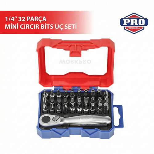 WP200534 32 Parça 1/4'’ Profesyonel Mini Cırcır Lokma Kollu Bits Vidalama Seti
