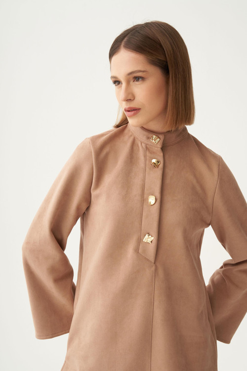 Vizon-Gold Düğmeli Süet Tunik