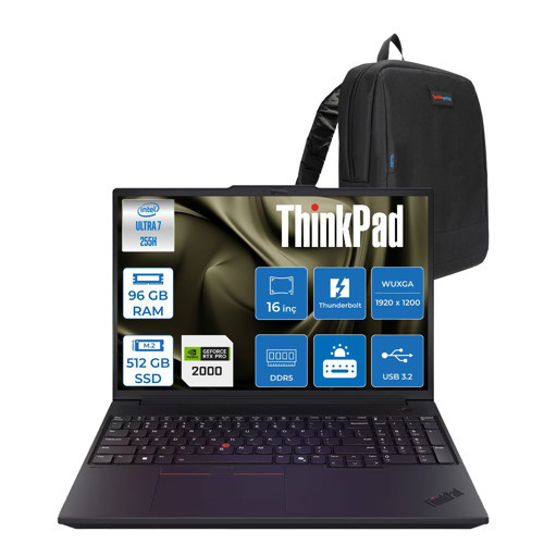 Thinkpad P16V Gen3 Intel Core Ultra 7 255H 96GB 512GB SSD 8GB/RTXPRO2000 16" Wuxga IPS 400NITS 60Hz Wi-Fi7 Windows 11 Pro Taşınabilir Iş Istasyonu 21RS000BTXP29 + Zettaçanta