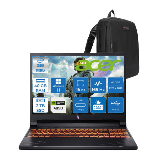 Nitro ANV16 Intel Core I5 14450HX 4.8ghz 40GB Ddr5 2tb SSD Windows 11 Home RTX4050 85W 6gb 16" IPS Wuxga (1920 x 1200) 165HZ Taşınabilir Bilgisayar NHQTREY001H19 + Zetta Çanta