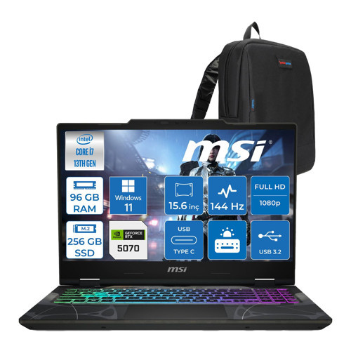 Msı Cyborg 15 Intel Core I7 13620H 96GB Ddr5 256GB SSD RTX5070 Gddr7 8gb Windows 11 Pro 15.6" Fullhd (1920X1080) 144HZ IPS Taşınabilir Bilgisayar B13WGKG847XTRP36 + Zetta Çanta