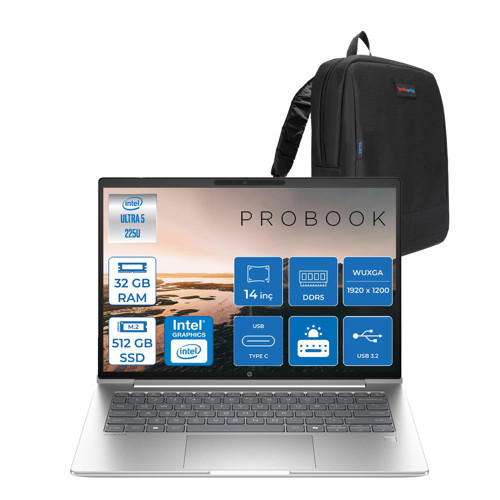 Probook 4 G1I Aı Intel Core Ultra 5 225U 32GB Ddr5 512GB SSD Freedos Intel® Aı Boost 14" WUXGA(1920X1200) IPS 300NITS Taşınabilir Bilgisayar C9FH0ETF12 + Zetta Çanta